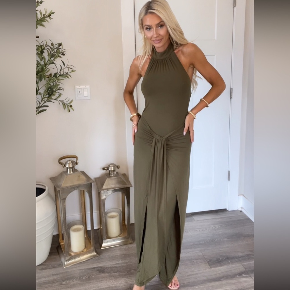 Olive Halter Neck Maxi Dress